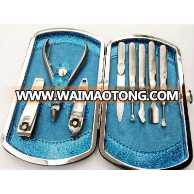 Factory cheap price stainless steel 8pcs manicure pedicure set blue shining professional nail case